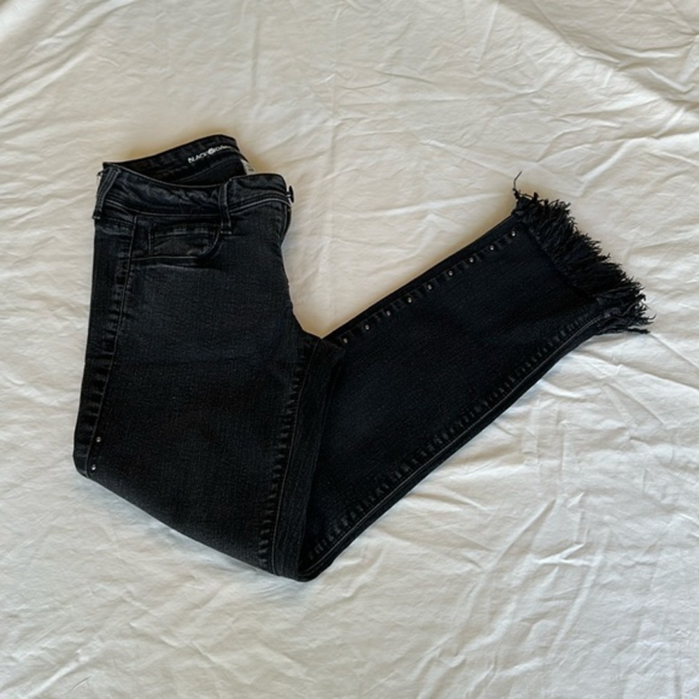Black Daisy Maddie & Tae black jeans with frills and stud design, 25” inseam.